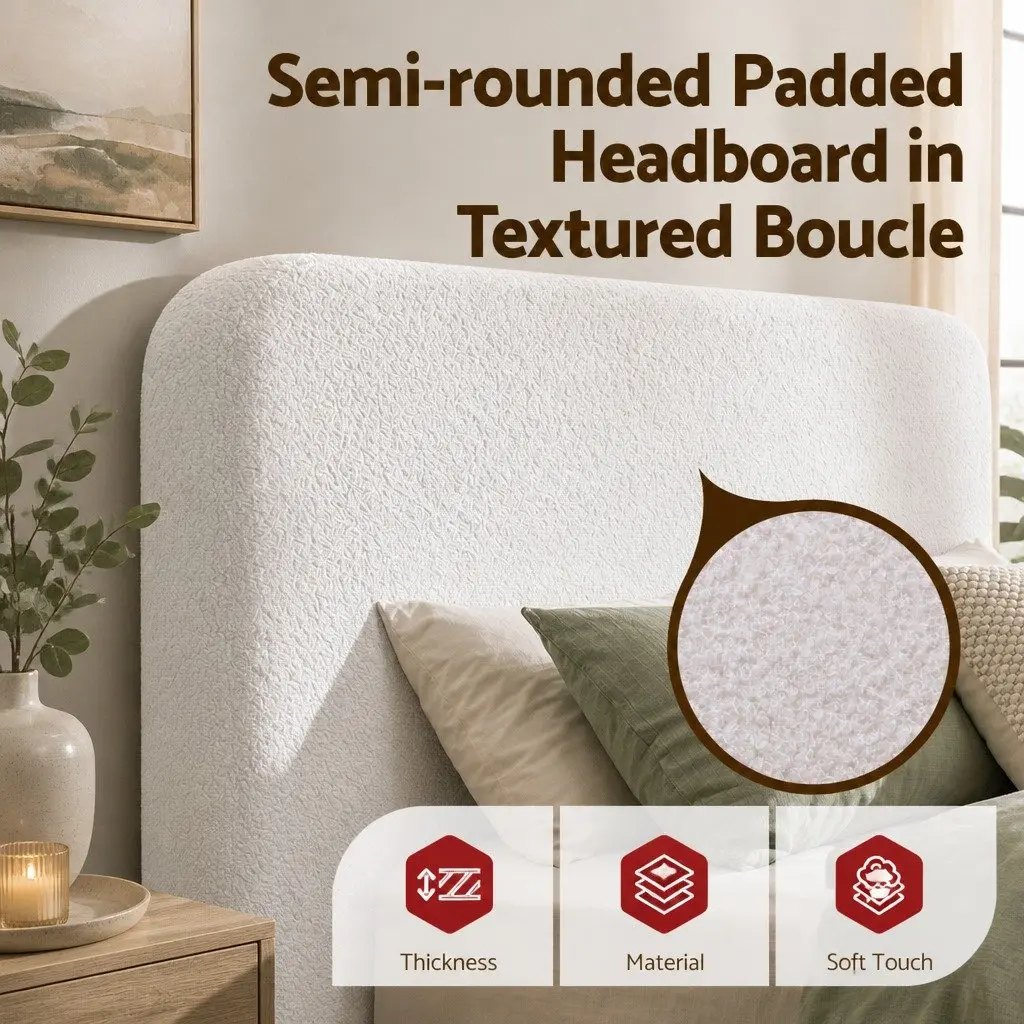 Double Bed Frame Soft Boucle Fabric Tool-free Instant Expansion White