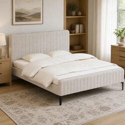 King Size Bed Frame with Padded Headboard and Wood Base