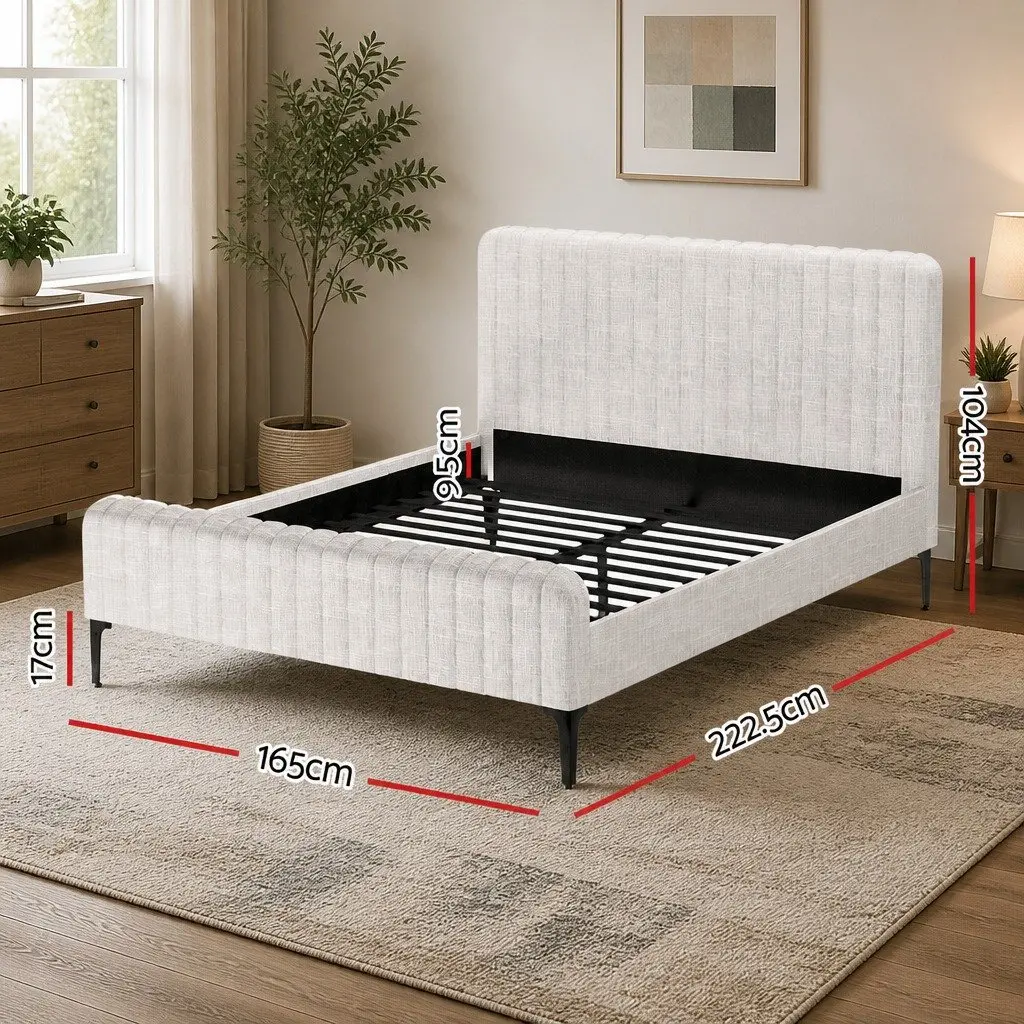 Queen Size Bed Frame Upholstered Fabric Beige