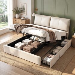 King Upholstered Bed Frame with Gas Lift and Drawers