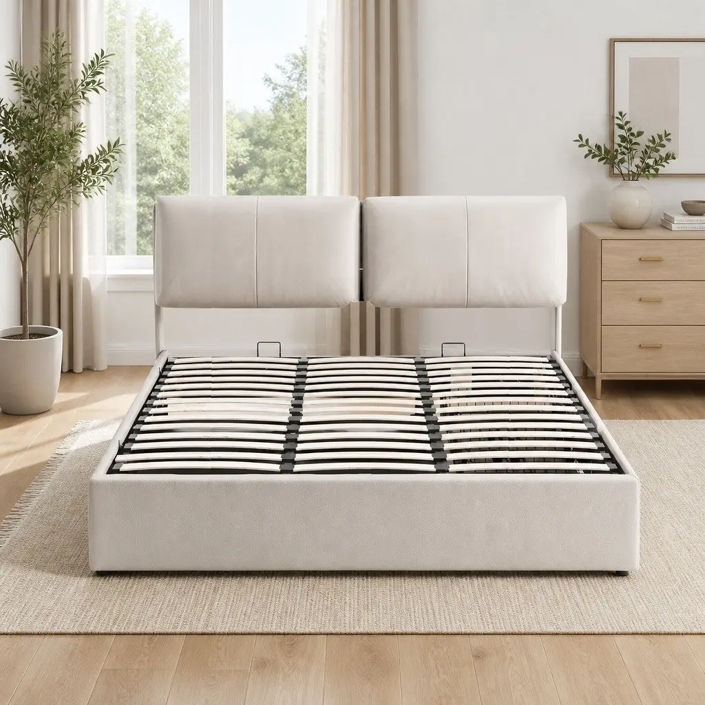 King Bed Frame Gas Lift Storage Adjustable Headboard Beige 194x223x98 cm