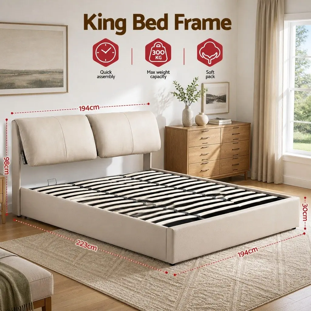 King Bed Frame Gas Lift Storage Adjustable Headboard Beige 194x223x98 cm