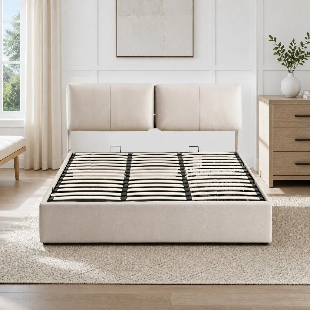 King Bed Frame Gas Lift Storage Adjustable Headboard Beige 194x223x98 cm