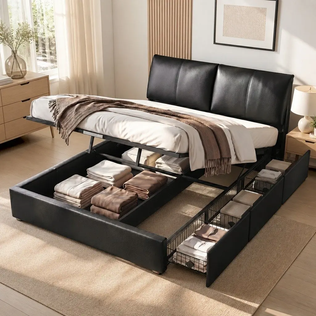 King Bed Frame Gas Lift Storage 3 Drawers Adjustable Headboard Platform Black