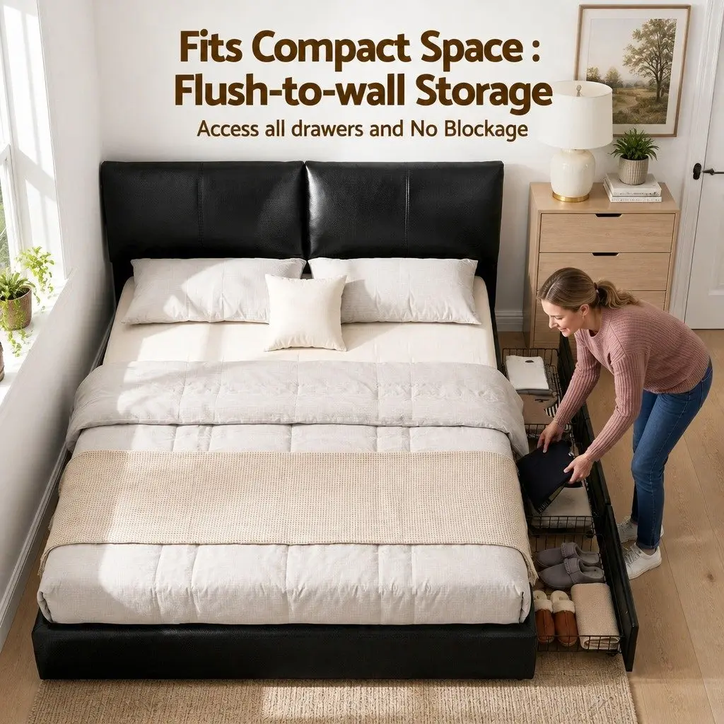 King Bed Frame Gas Lift Storage 3 Drawers Adjustable Headboard Platform Black
