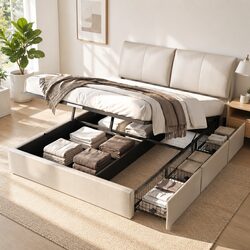 Queen Upholstered Bed Frame with Gas Lift and Drawers