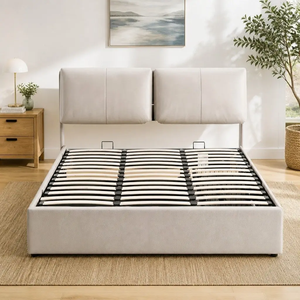 Queen Upholstered Bed Frame with Gas Lift and Drawers