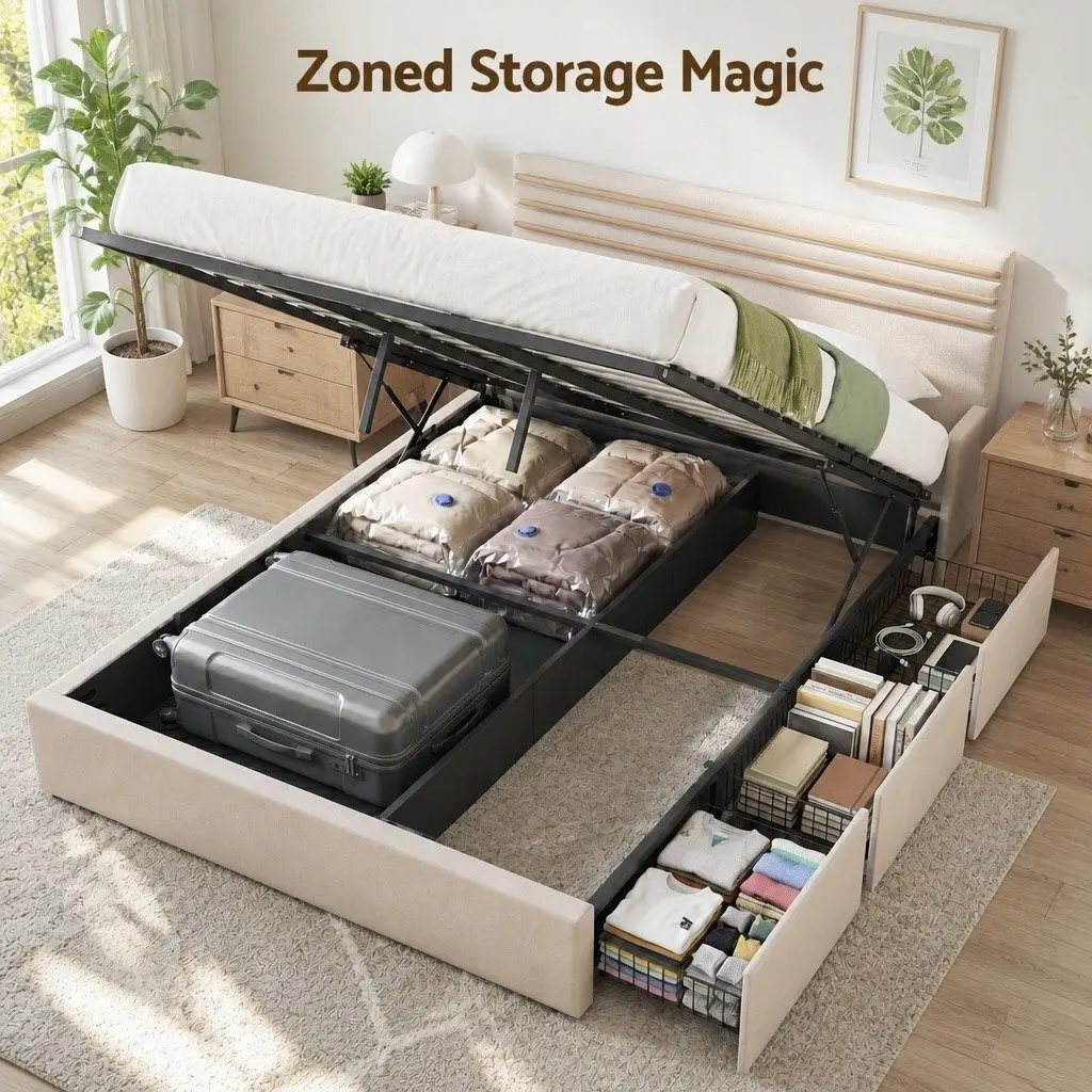 Queen Upholstered Bed Frame with Gas Lift and Drawers