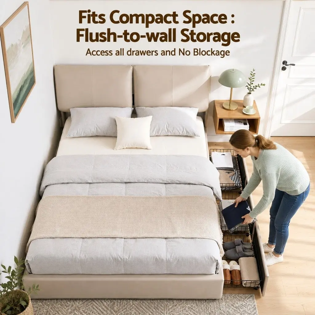 Queen Upholstered Bed Frame with Gas Lift and Drawers