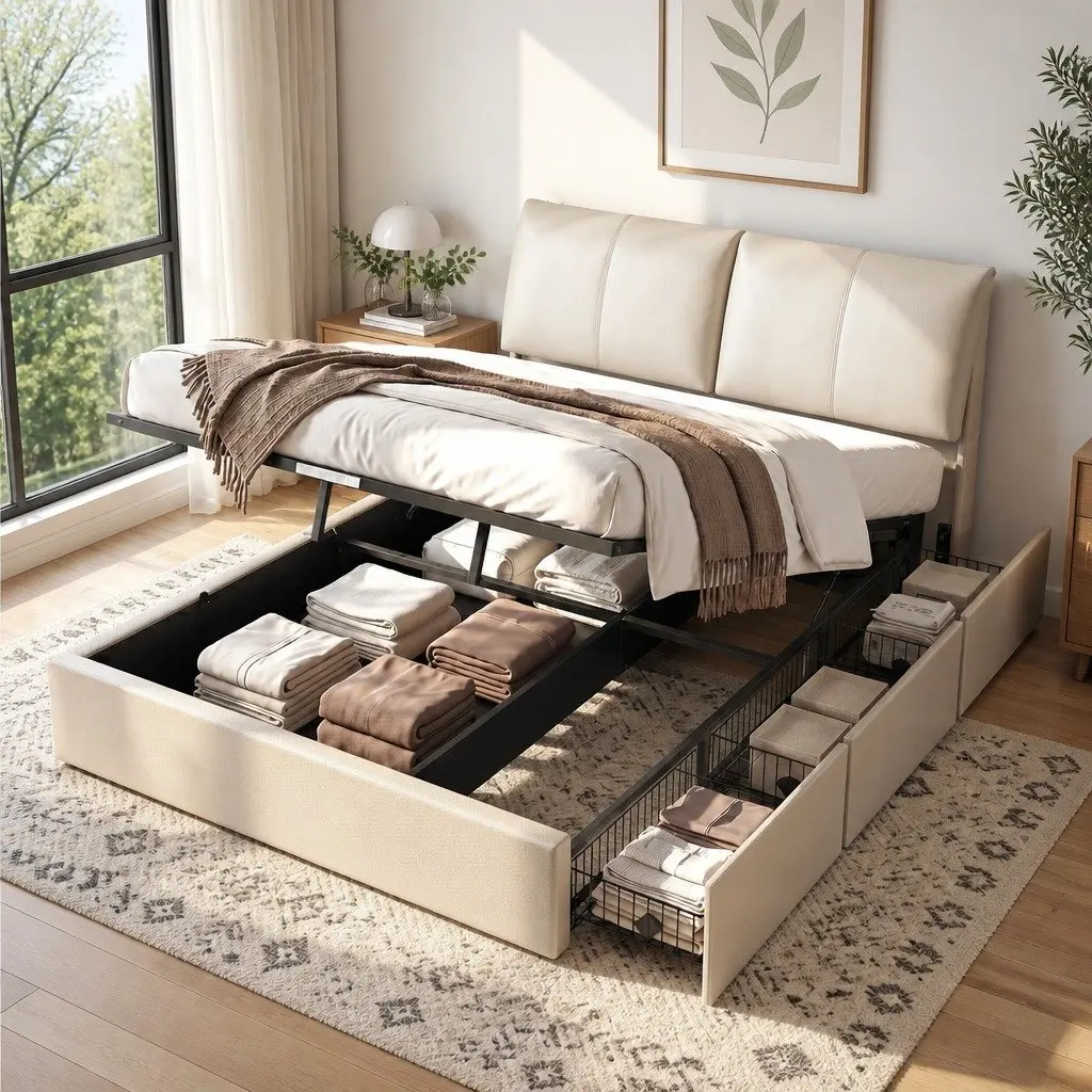 Queen Upholstered Bed Frame with Gas Lift and Drawers