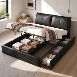 Queen Bed Frame with Gas Lift Storage and Adjustable Headboard