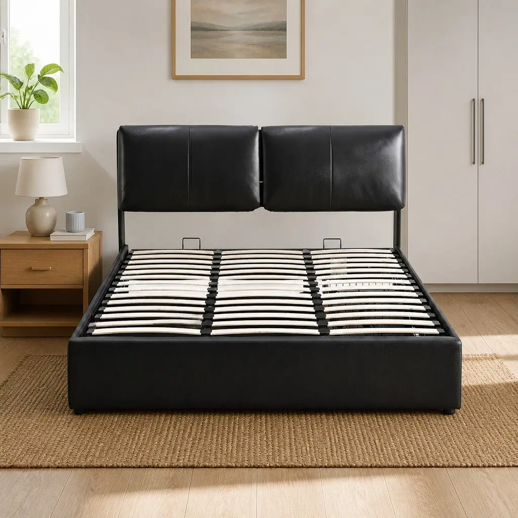 Black Queen Bed Frame Adjustable Headboard Gas Lift Storage 3 Drawers Platform