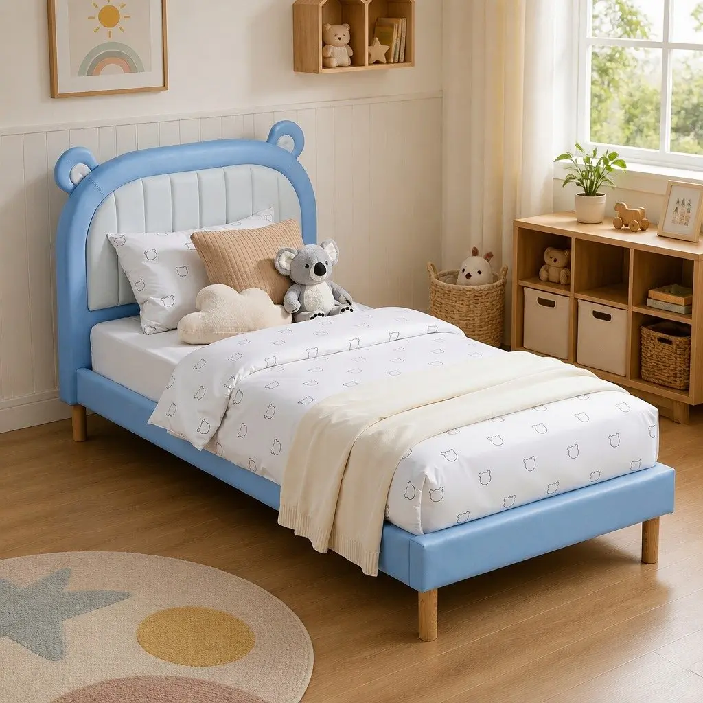 Kids King Single Bed Frame Waterproof Upholstered Bear Headboard Blue White