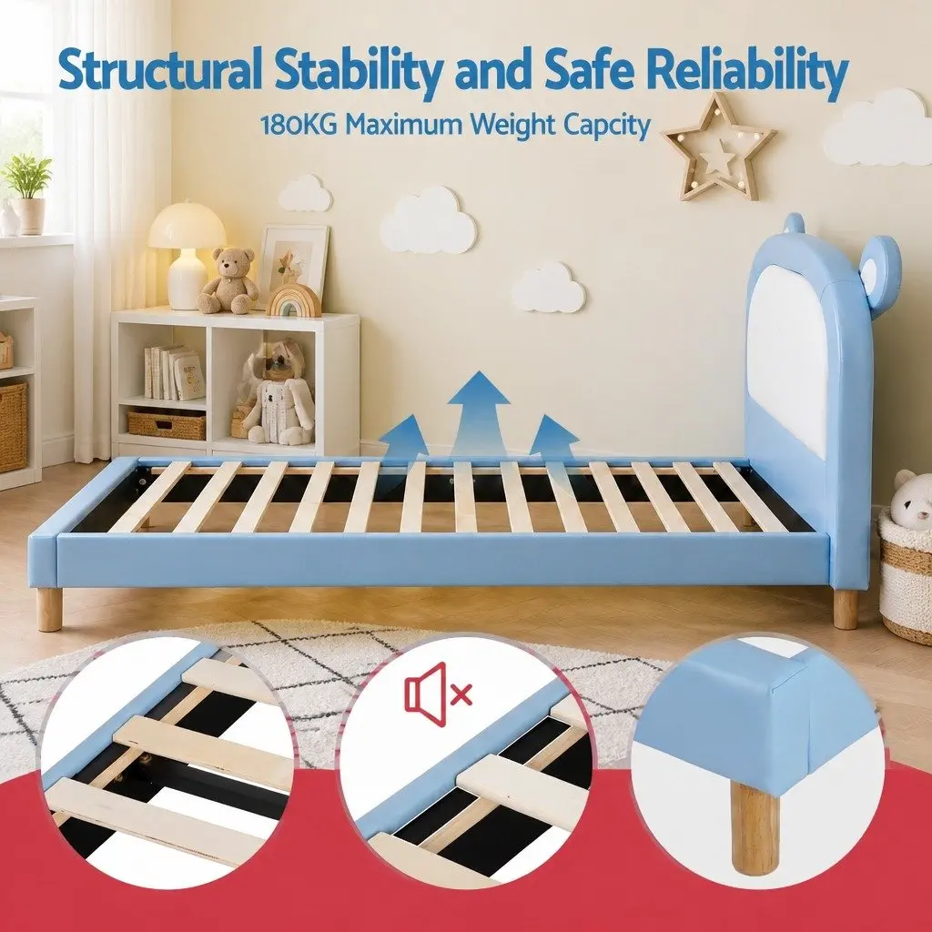 Kids King Single Bed Frame Waterproof Upholstered Bear Headboard Blue White