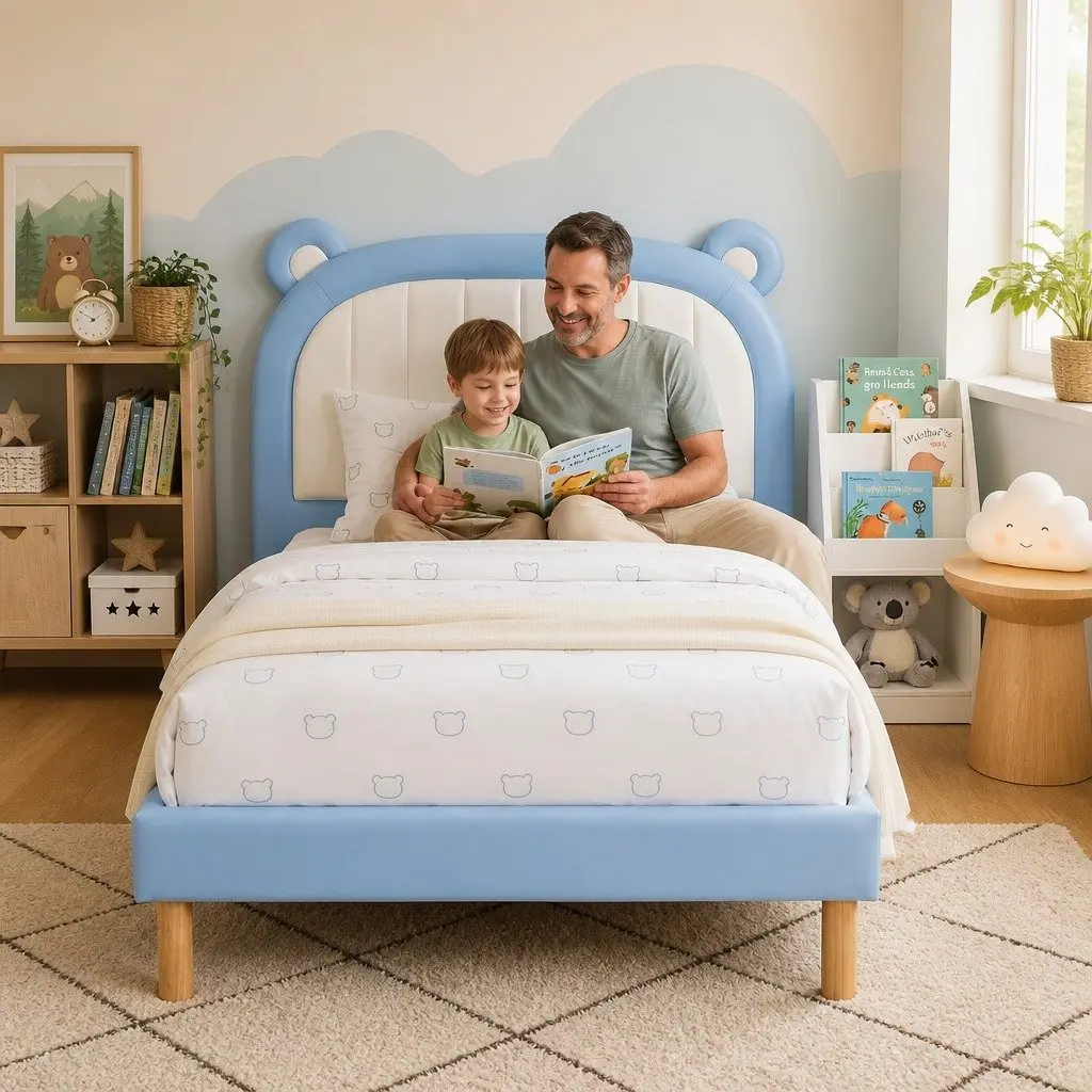 Kids King Single Bed Frame Waterproof Upholstered Bear Headboard Blue White