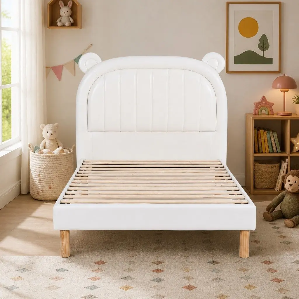 Kids Bed Frame Upholstered King Single Size Bear Ears Headboard Beige White