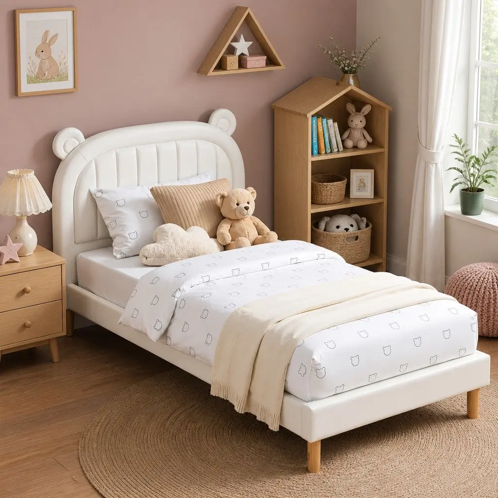 Kids Bed Frame Upholstered King Single Size Bear Ears Headboard Beige White