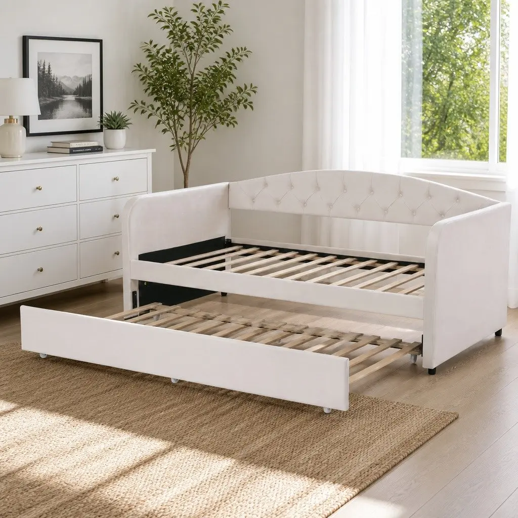 Single Daybed Frame with Trundle Bed and Velvet Upholstery
