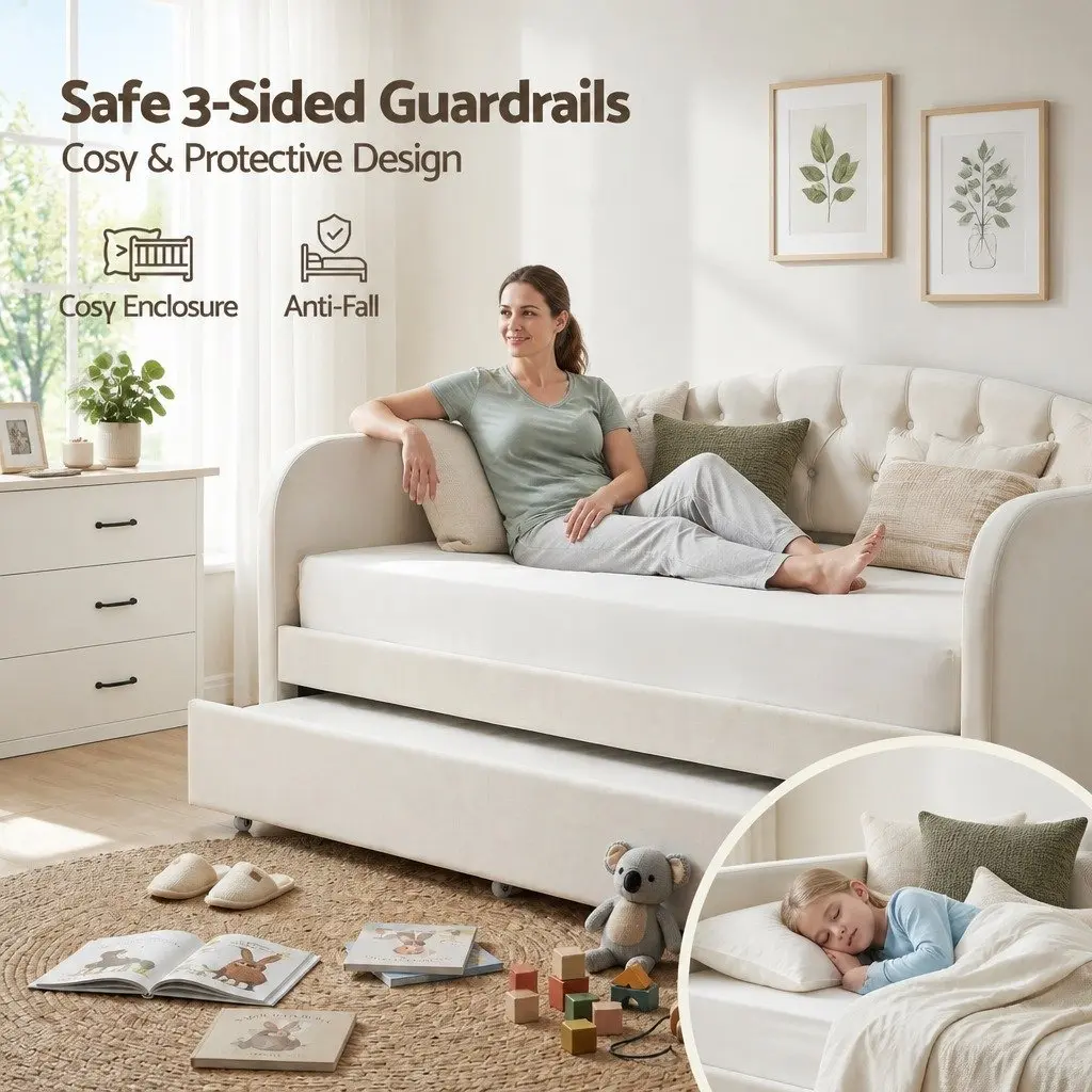 Single Daybed Frame with Trundle Bed and Velvet Upholstery
