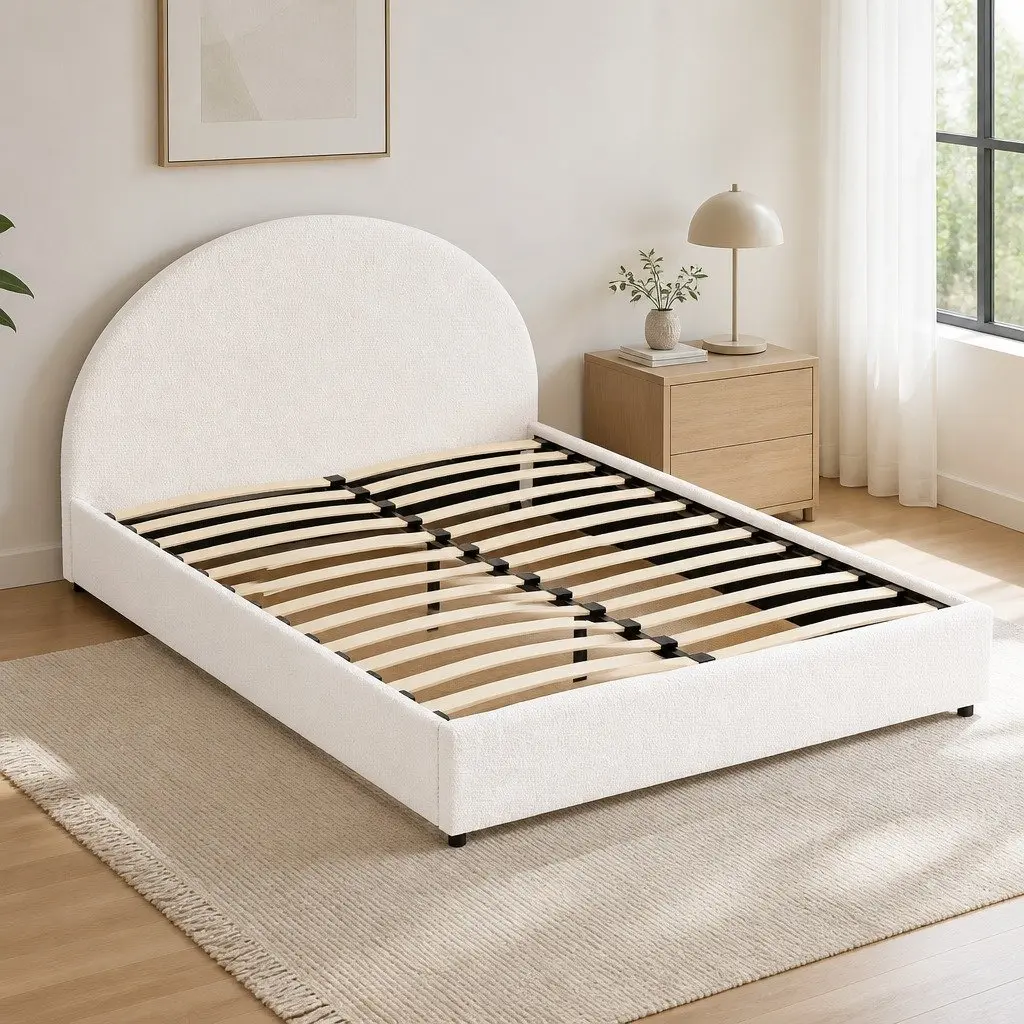 Double Bed Frame Gas Lift Storage Padded Headboard Boucle Fabric Beige