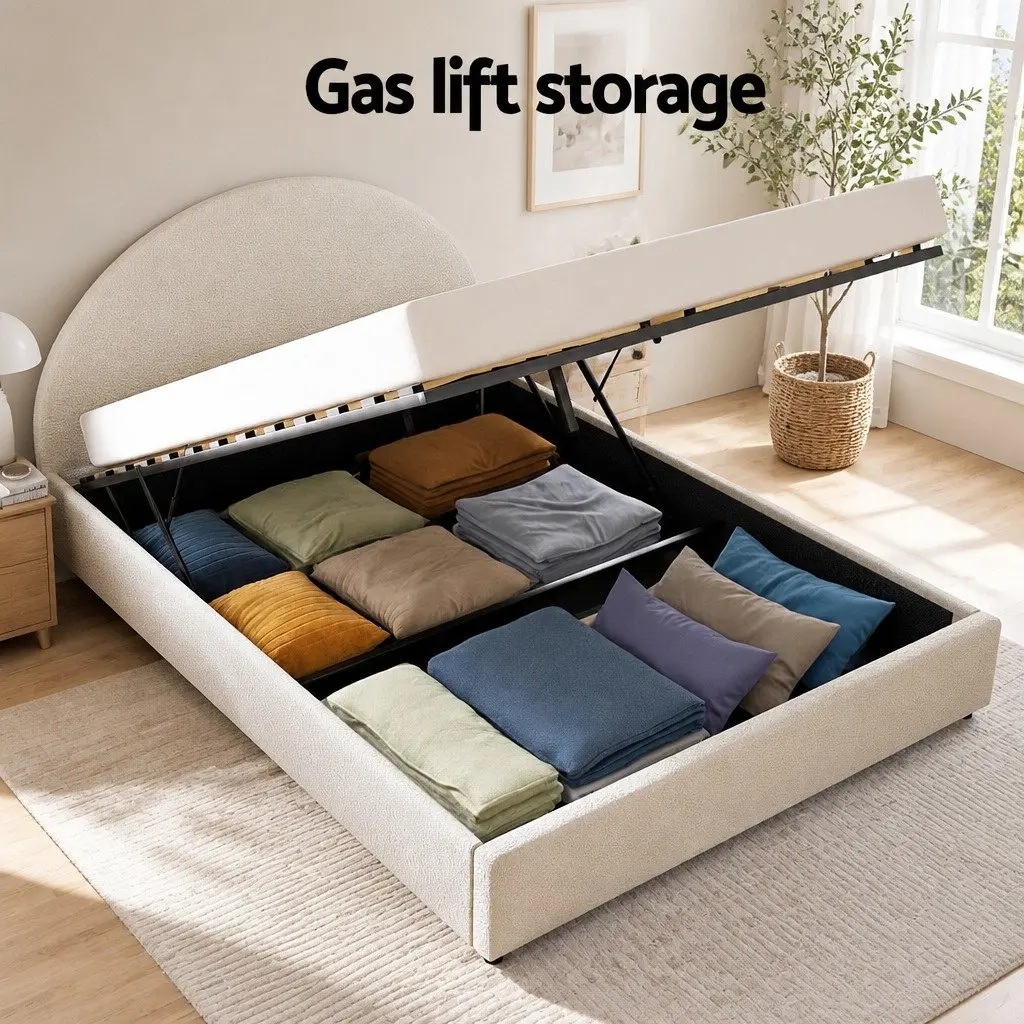 Double Bed Frame Gas Lift Storage Padded Headboard Boucle Fabric Beige