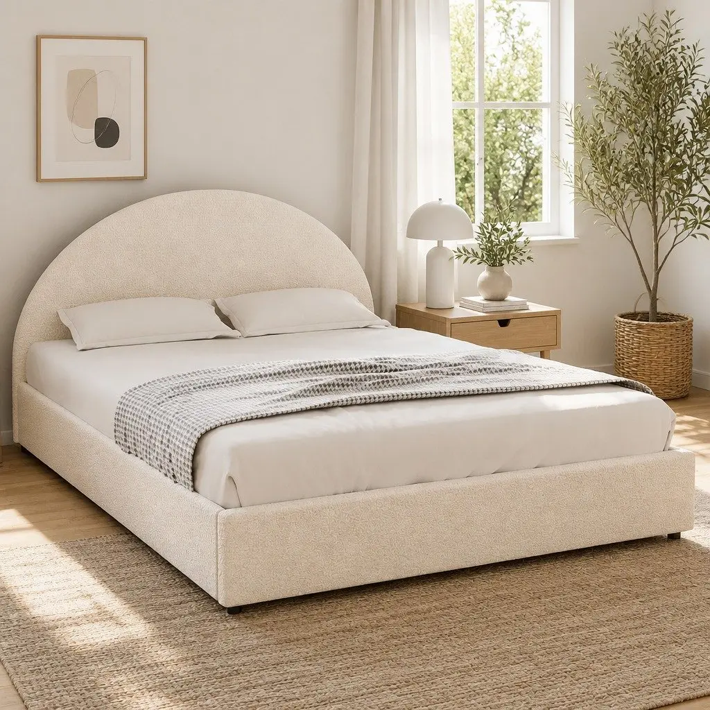 Double Bed Frame Gas Lift Storage Padded Headboard Boucle Fabric Beige