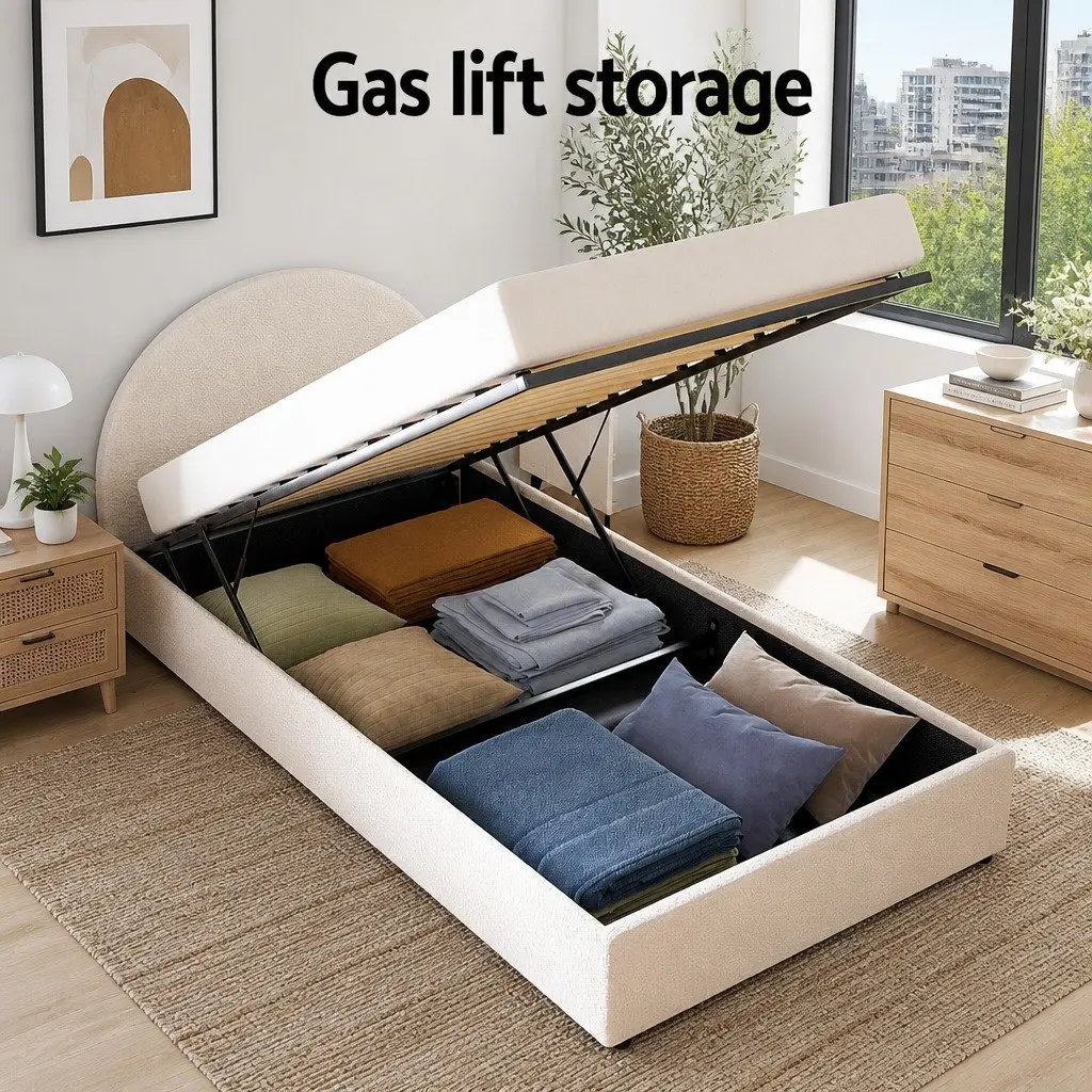 King Single Storage Bed Frame Upholstered Boucle Fabric Padded Beige