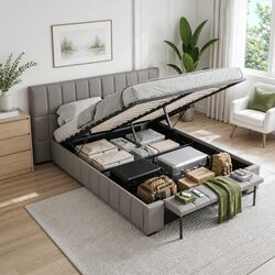 Stylish Grey Double Bed Frame with Storage Solution