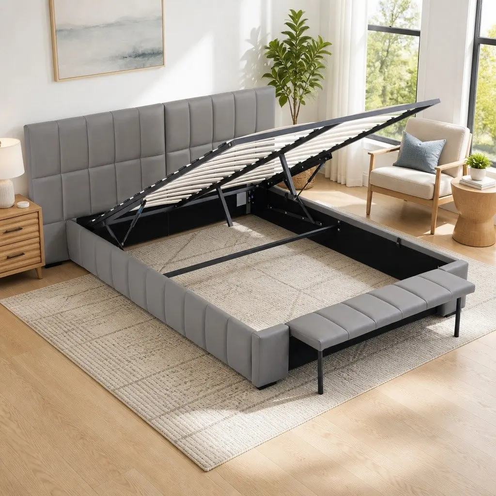 Upholstered Double Bed Frame with Gas Lift Storage and Foldable Bench in Grey 147x220x99cm