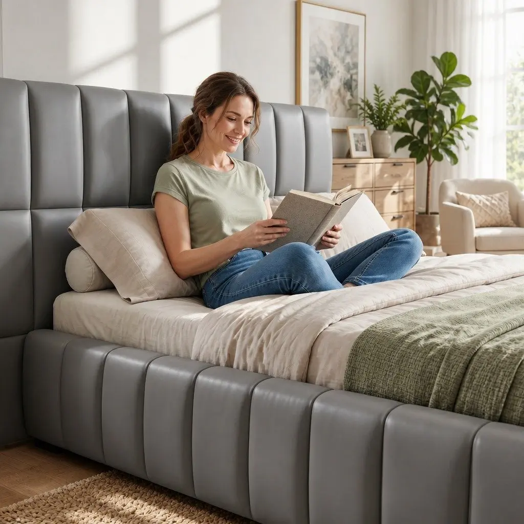 Upholstered Double Bed Frame with Gas Lift Storage and Foldable Bench in Grey 147x220x99cm