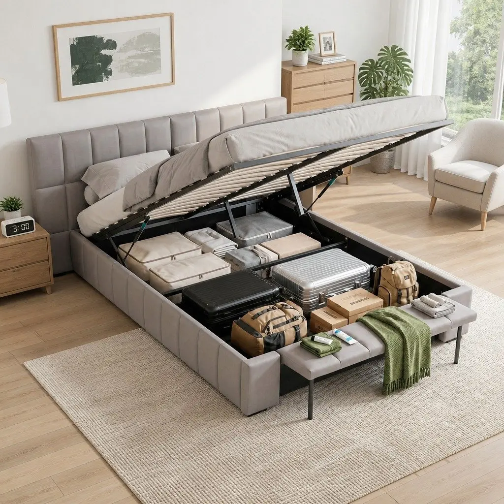 Upholstered Double Bed Frame with Gas Lift Storage and Foldable Bench in Grey 147x220x99cm