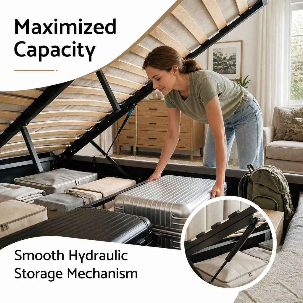 Upholstered Double Bed Frame with Gas Lift Storage and Foldable Bench in Grey 147x220x99cm