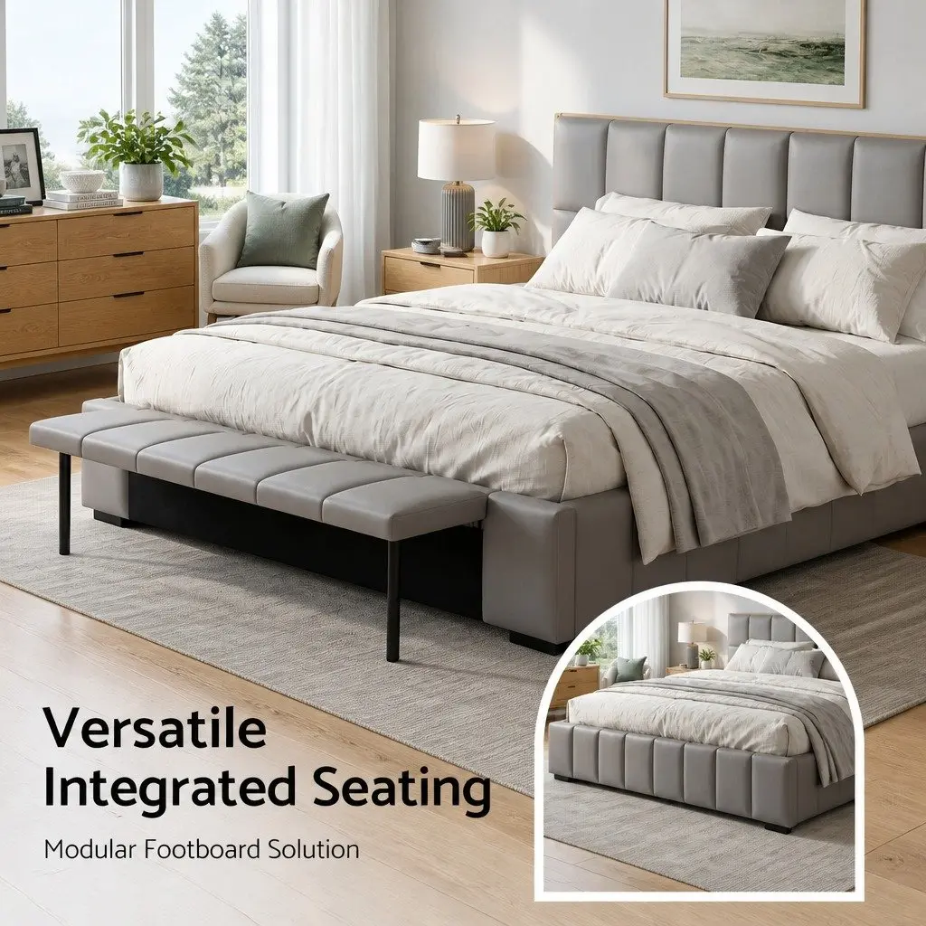 Upholstered Double Bed Frame with Gas Lift Storage and Foldable Bench in Grey 147x220x99cm