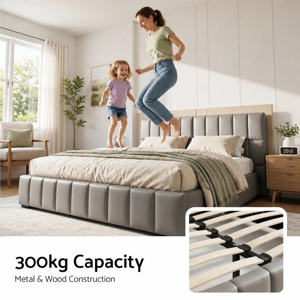 Upholstered Double Bed Frame with Gas Lift Storage and Foldable Bench in Grey 147x220x99cm