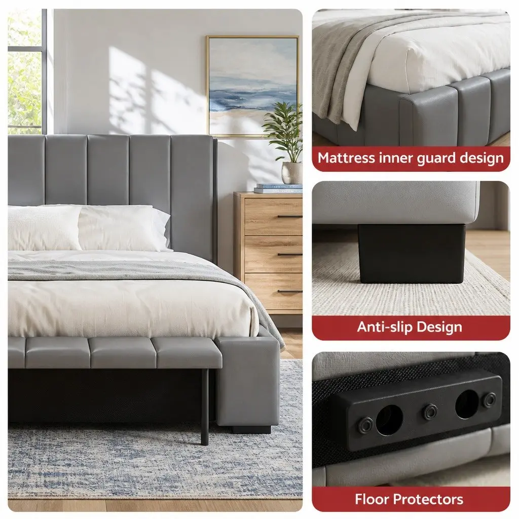 Upholstered Double Bed Frame with Gas Lift Storage and Foldable Bench in Grey 147x220x99cm