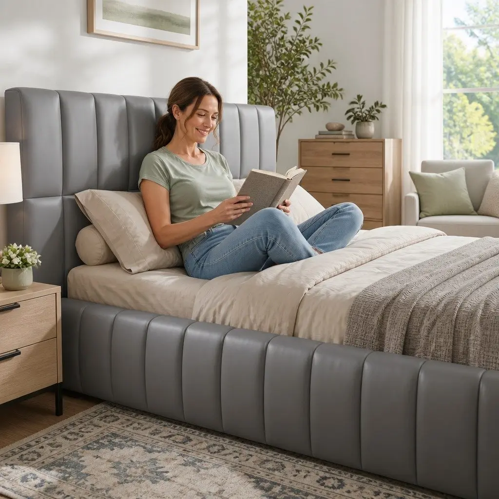 Upholstered Double Bed Frame with Gas Lift Storage and Foldable Bench in Grey 147x220x99cm