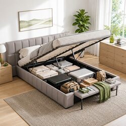 Queen Size Gas Lift Bed Frame with Foldable Bench Storage