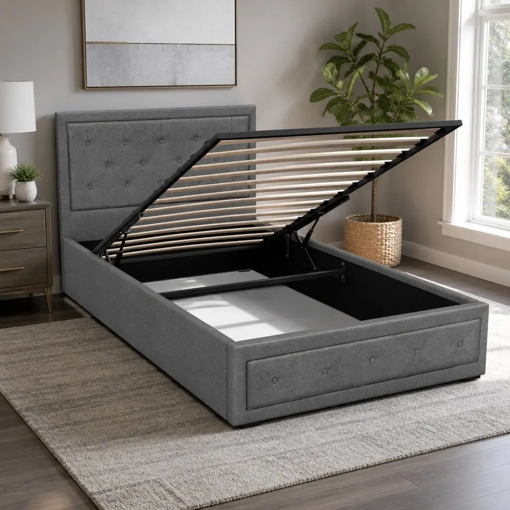 King Single Bed Frame Gas Lift Storage Grey Upholstered