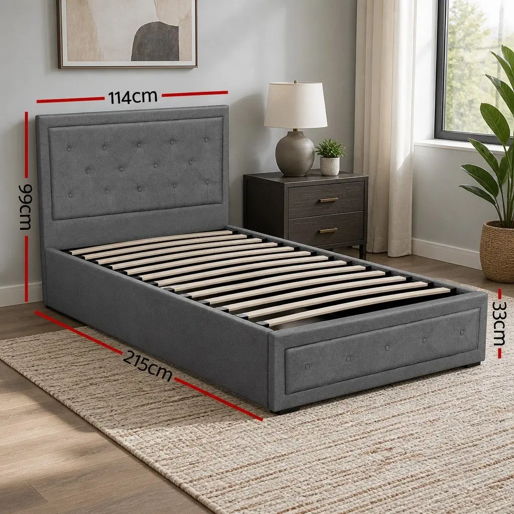 King Single Bed Frame Gas Lift Storage Grey Upholstered