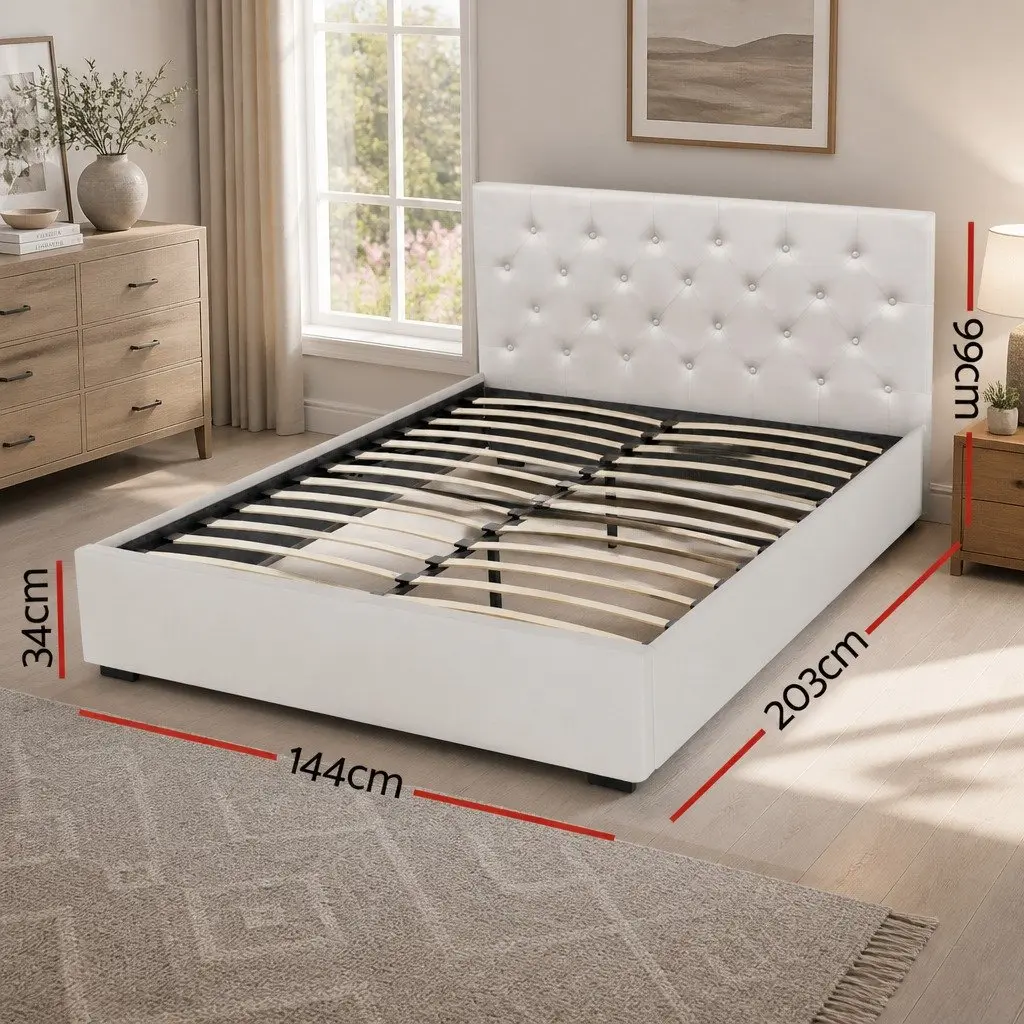 Double Bed Frame Gas Lift Storage Upholstered 203cm x 144cm x 99cm Beige