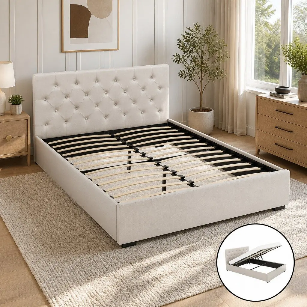 Double Bed Frame Gas Lift Storage Upholstered 203cm x 144cm x 99cm Beige