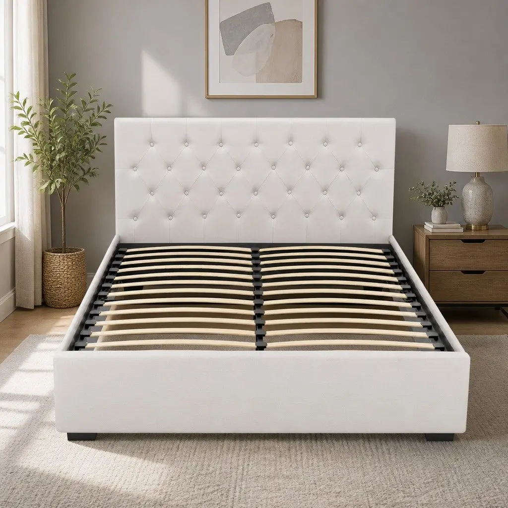 Queen Size Gas Lift Storage Bed Frame Beige Upholstered Bedroom Furniture