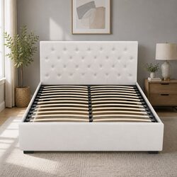 Queen Gas Lift Bed Frame with Storage in Beige Upholstery