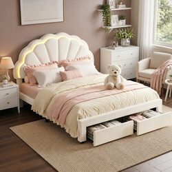 Double Bed Frame with Integrated LED Headboard and Storage