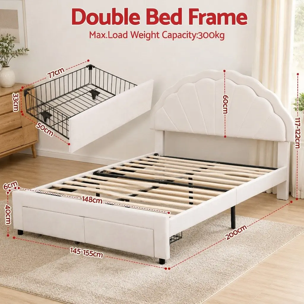 Double Bed Frame with Storage Drawers LED Headboard Upholstered Platform White 155W x 200L x 122H cm