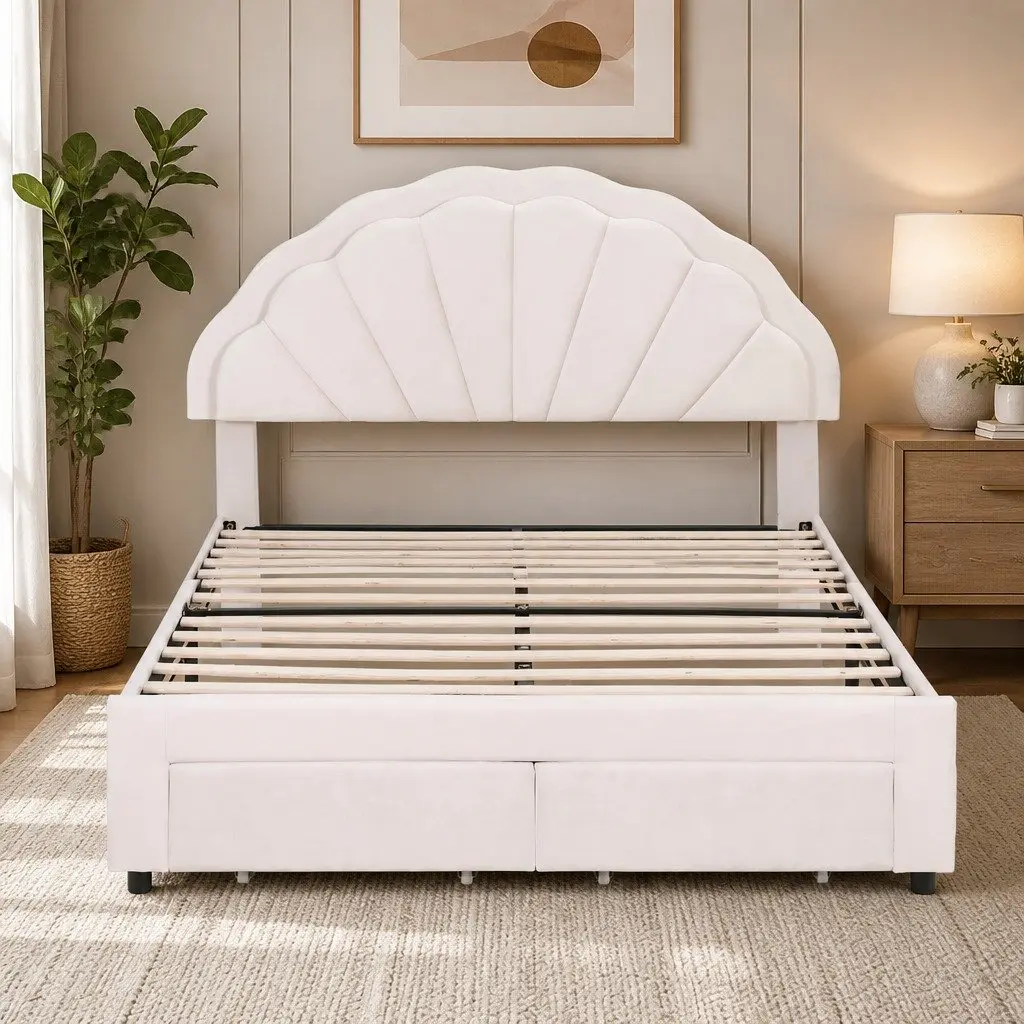 Double Bed Frame with Storage Drawers LED Headboard Upholstered Platform White 155W x 200L x 122H cm