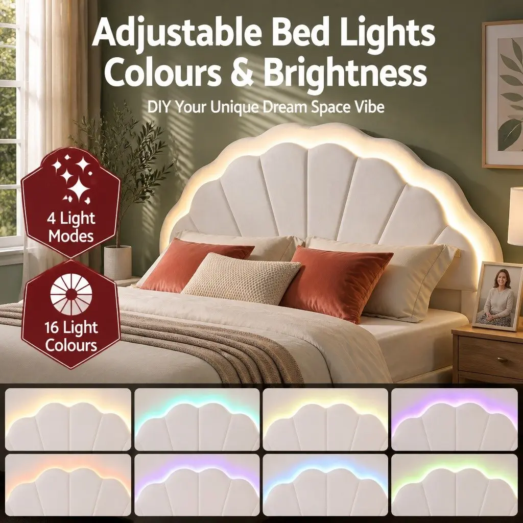 Double Bed Frame with Storage Drawers LED Headboard Upholstered Platform White 155W x 200L x 122H cm