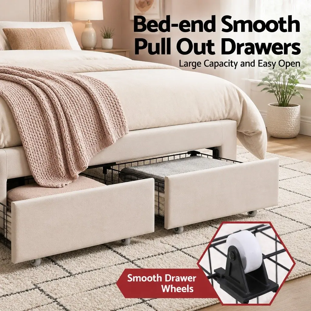Double Bed Frame with Storage Drawers LED Headboard Upholstered Platform White 155W x 200L x 122H cm