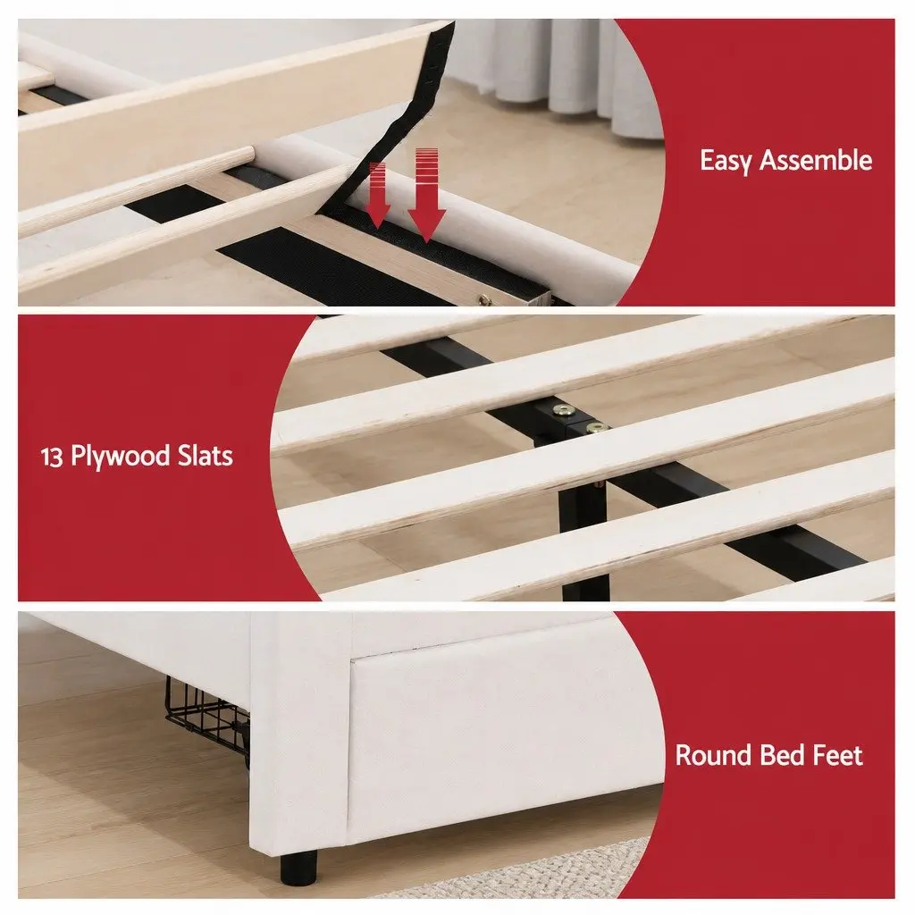 Double Bed Frame with Storage Drawers LED Headboard Upholstered Platform White 155W x 200L x 122H cm