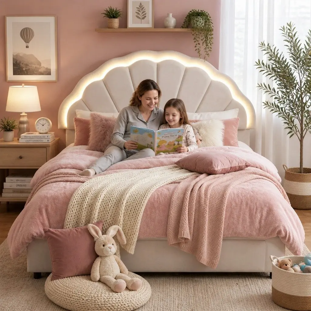 Double Bed Frame with Storage Drawers LED Headboard Upholstered Platform White 155W x 200L x 122H cm